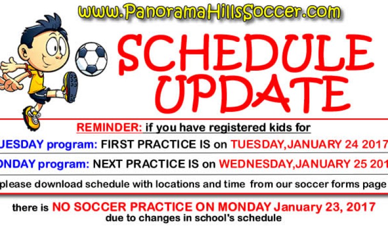 Panorama Hills Soccer schedule update:  Winter 2017
