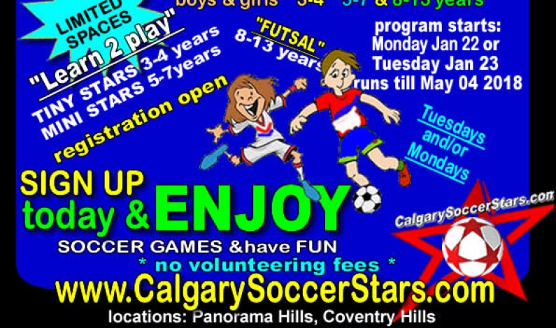Registration open for 2018 WINTER (*Jan-May* indoor) SOCCER for kids Panorama Hills Registration open for 2018 WINTER (*Jan-May* indoor) SOCCER for kids Panorama Hills