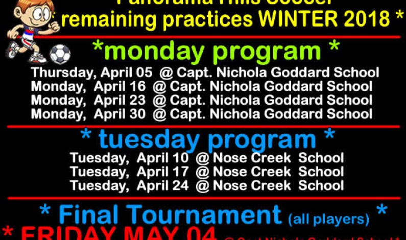 Remaining practices * 2018 WINTER soccer program * Panorama Hills Soccer