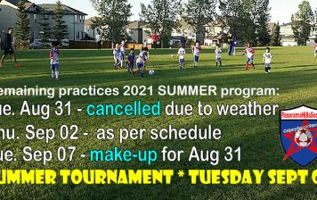 SOCCER practice CANCELLED  for  Tuesday Aug 31,  “make-up” scheduled for SEPT 07