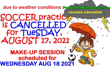 SOCCER practice CANCELLED  for  Tuesday Aug 17  make up session WEDNESDAY AUG 18