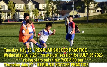Soccer Practice Tue. July 25 & “make-up” session Wed. July 26 (rising stars only)